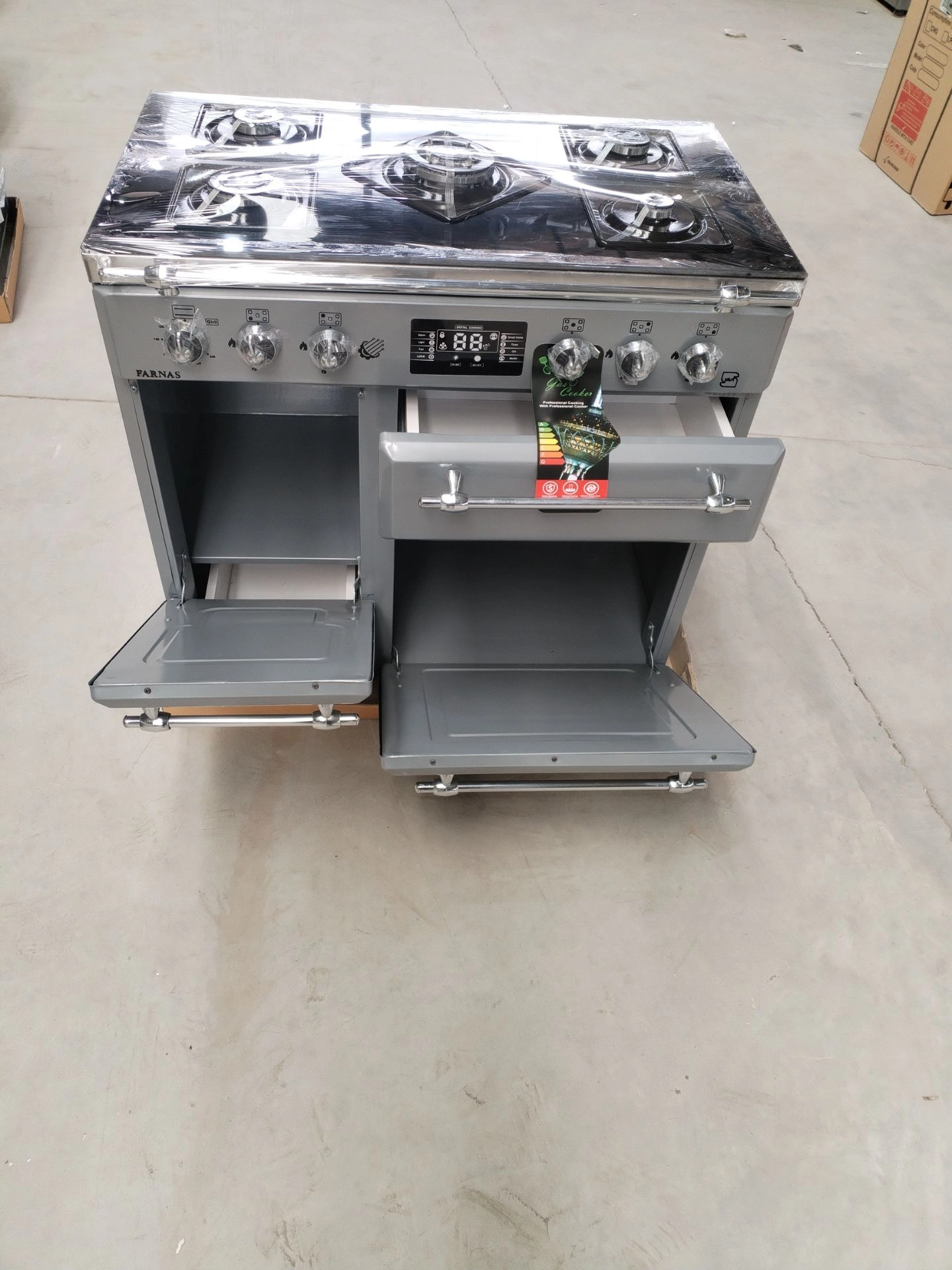Cabinet gas stove, 5 burner oven design, Farnas Company