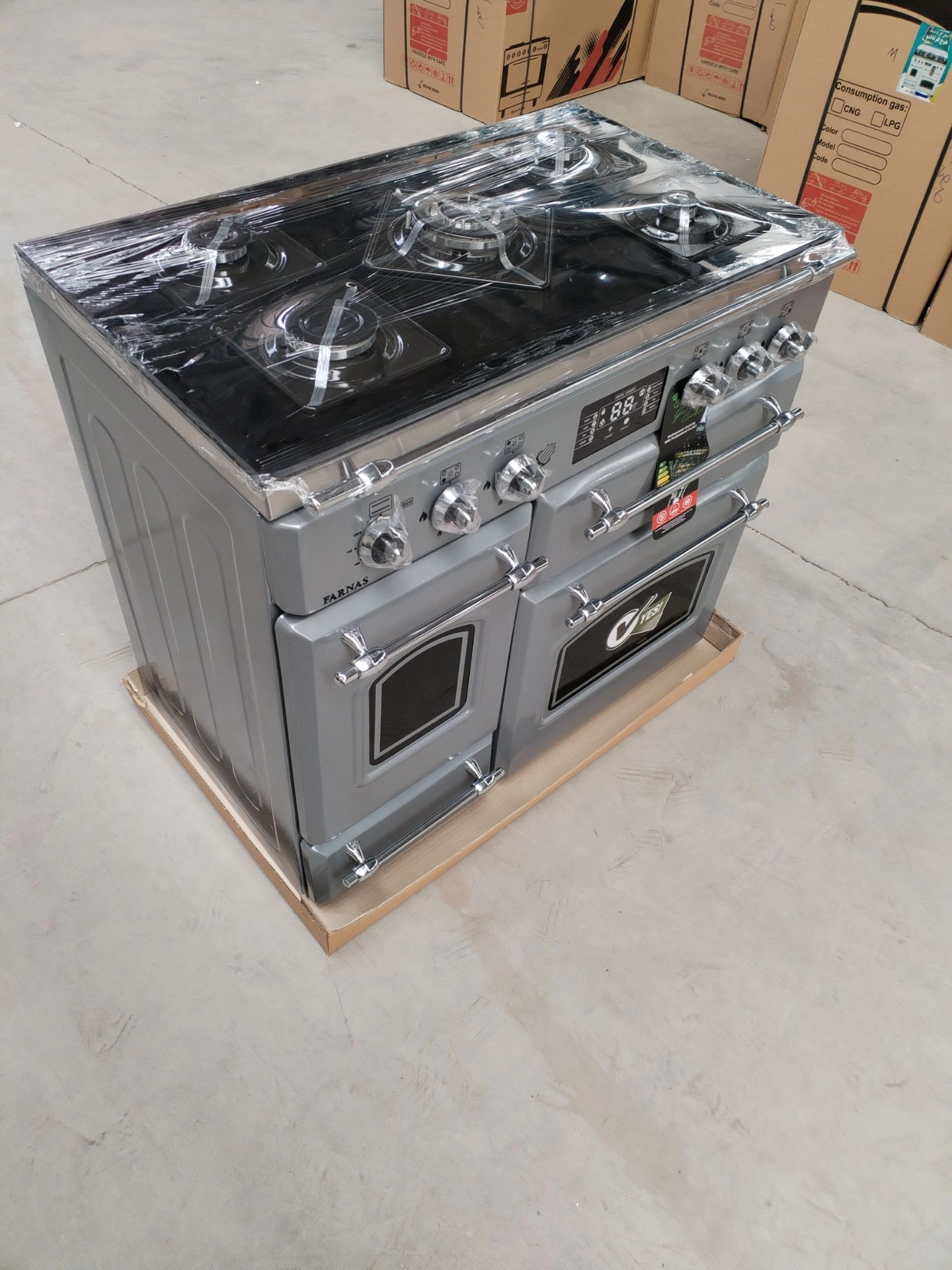 Cabinet gas stove, 5 burner oven design, Farnas Company